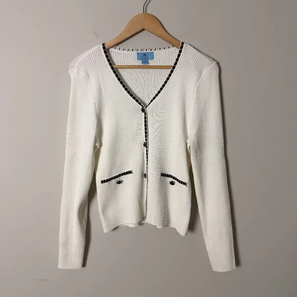 2/$30 Cece Ribbed Cream Beaded Button Cardigan Large - Picture 1 of 4